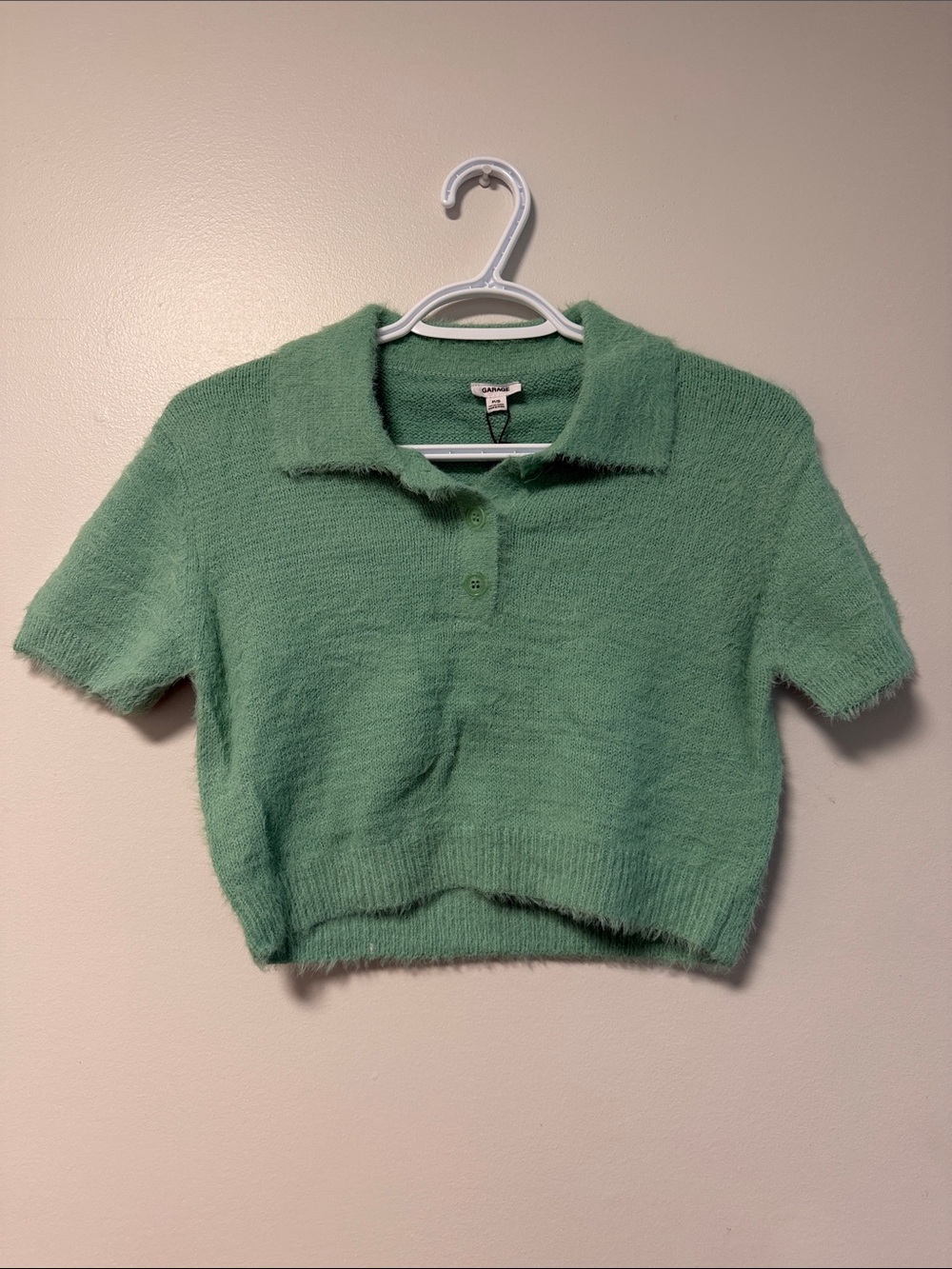 Garage Mint Green Fuzzy Cropped Polo Sweater